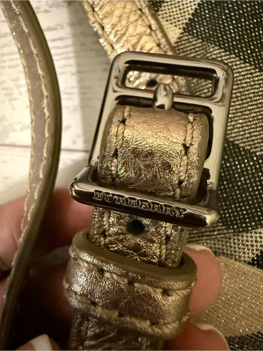 Burberry Plaid Canvas Crossbody Bag in Beige and Metallic Gold